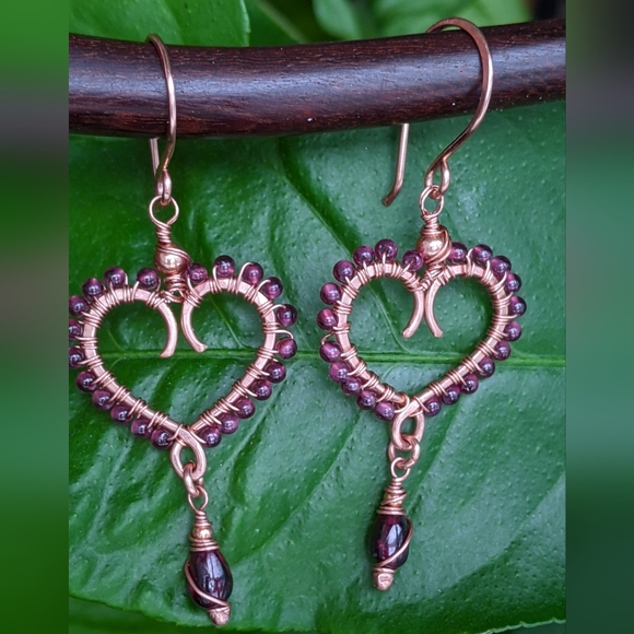 Garnet Heart Earrings Artisan Crafted Copper Design Dangle Drop - Picture 15 of 16